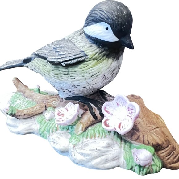 Russ Natures Song Black-Capped Chickadee Figurine Hand-Painted Porcelain Floral - Picture 1 of 11
